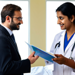 ** A friendly doctor in a Luxembourg hospital, consulting with a patient (Bengali family). Focus on conveying trust and accessibility. Include subtle Luxembourgish architectural elements in the background. Caption suggestion: "Quality healthcare is accessible in Luxembourg hospitals. Appointments are easy to book!"

**