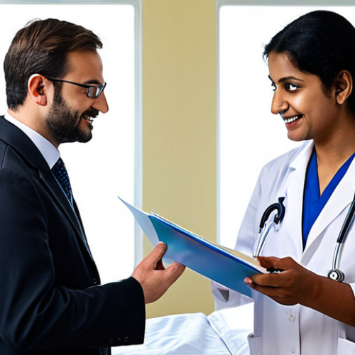 Home 4 ** A friendly doctor in a Luxembourg hospital, consulting with a patient (Bengali family). Focus on conveying trust and accessibility. Include subtle Luxembourgish architectural elements in the background. Caption suggestion: "Quality healthcare is accessible in Luxembourg hospitals. Appointments are easy to book!"
**